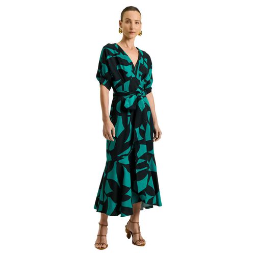 Veronika Maine Jade Show Leaf Viscose Linen Midi Dress